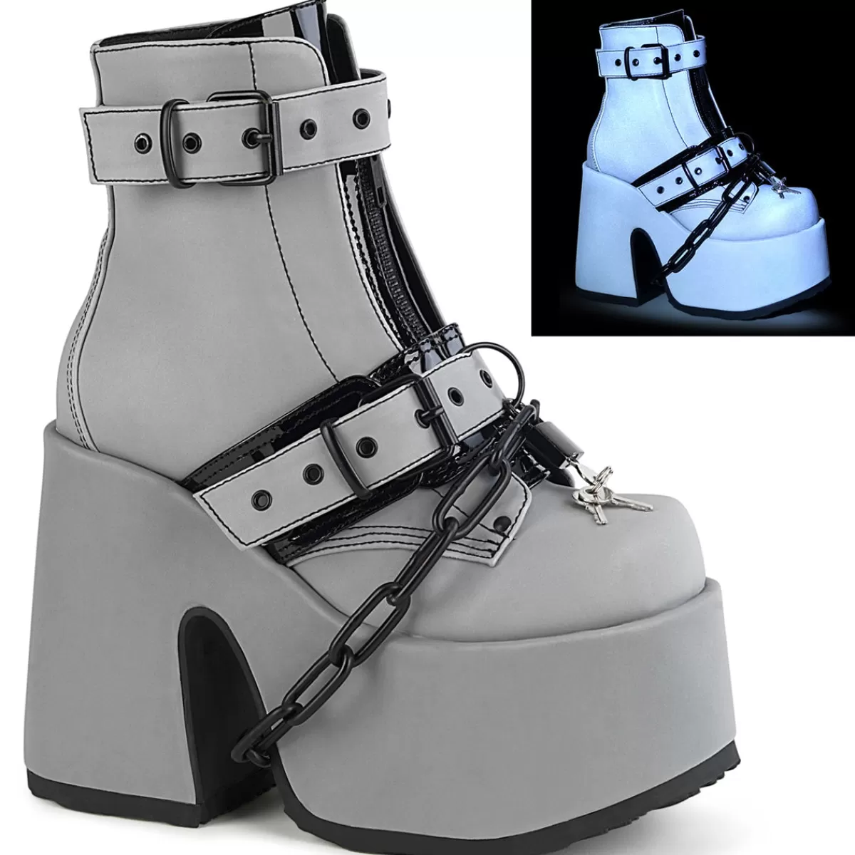 Sale Demonia Cult Camel-205 Gray Reflective Vegan Leather