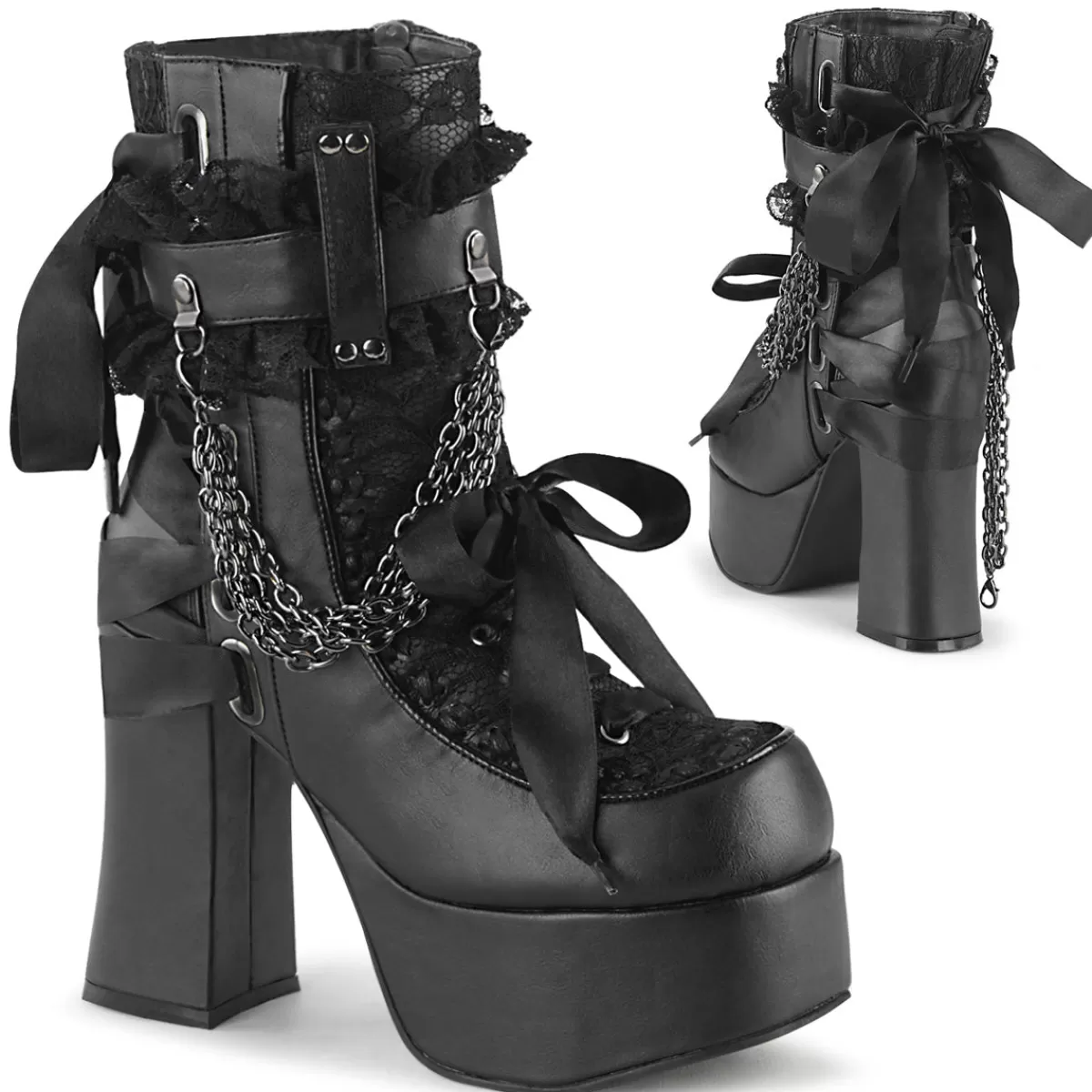 Hot Demonia Cult Charade-110 Black Vegan Leather-Lace Overlay