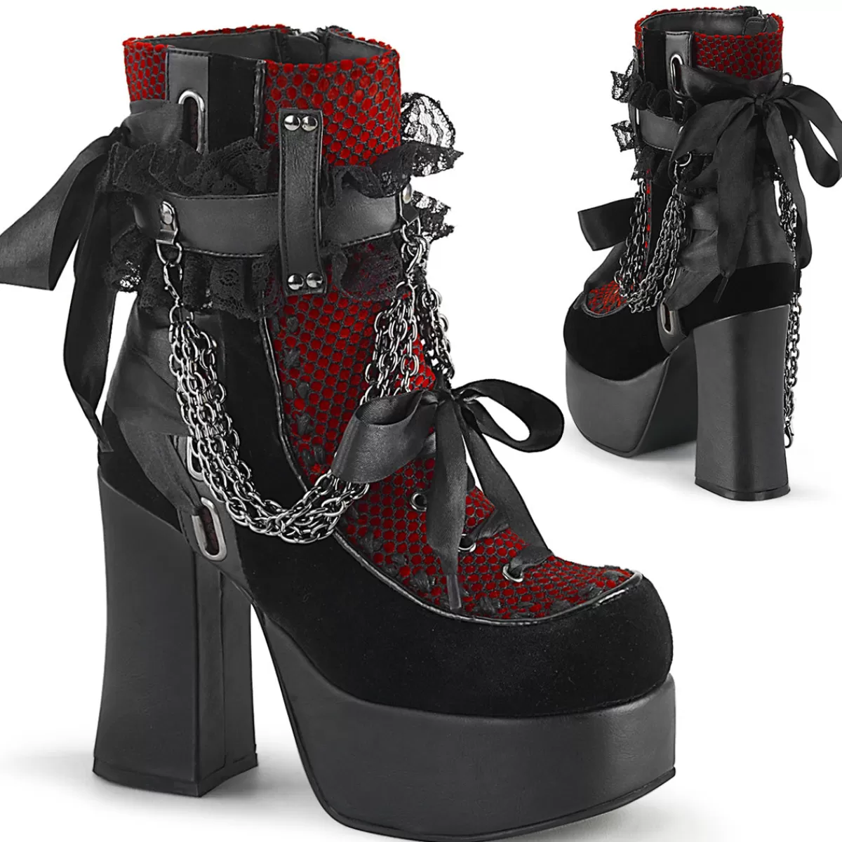 Hot Demonia Cult Charade-110 Black Vegan Leather-Red