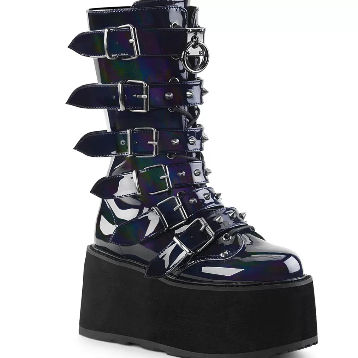 Cheap Demonia Cult Damned-225 Black Hologram Vegan Leather