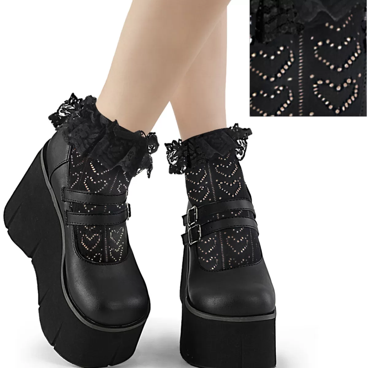 Fashion Demonia Cult Heart Net Ruffle Sock Black Nylon & Spandex