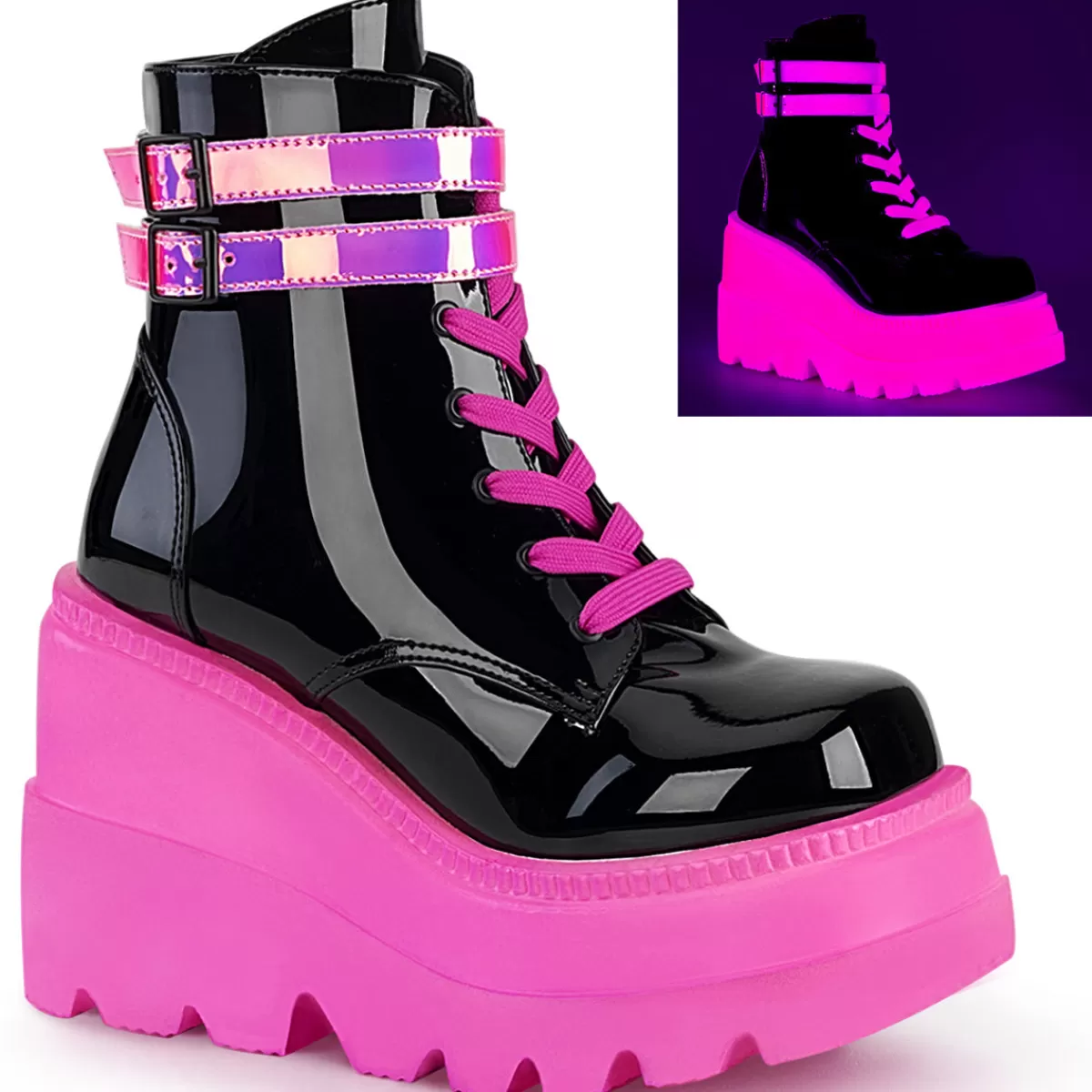 Best Demonia Cult Shaker-52 Black Patent-Uv Neon Pink