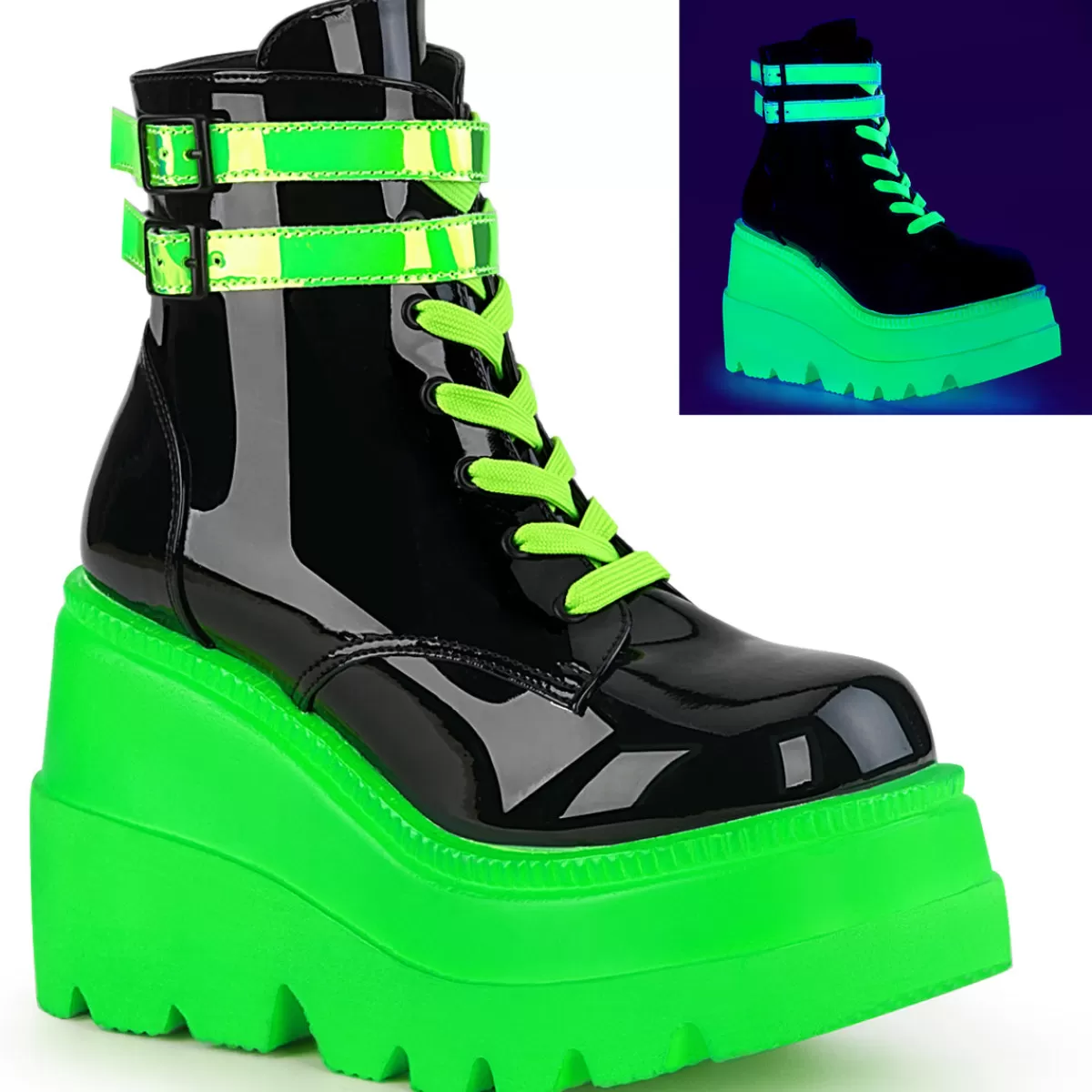 Online Demonia Cult Shaker-52 Black Patent-Uv Neon Green