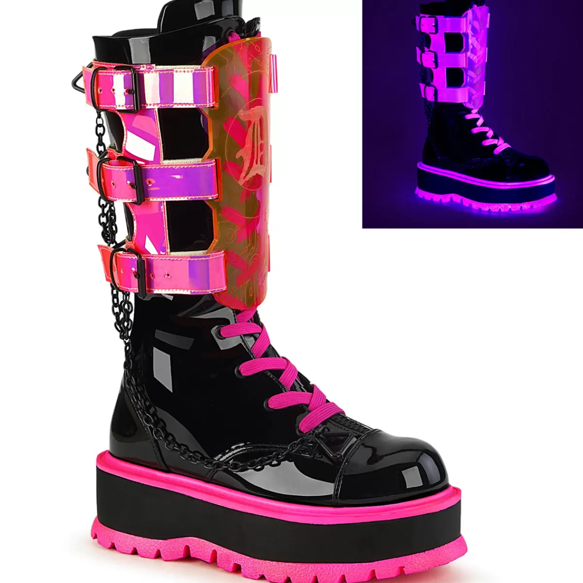 Best Sale Demonia Cult Slacker-156 Black Patent-Uv Neon Pink