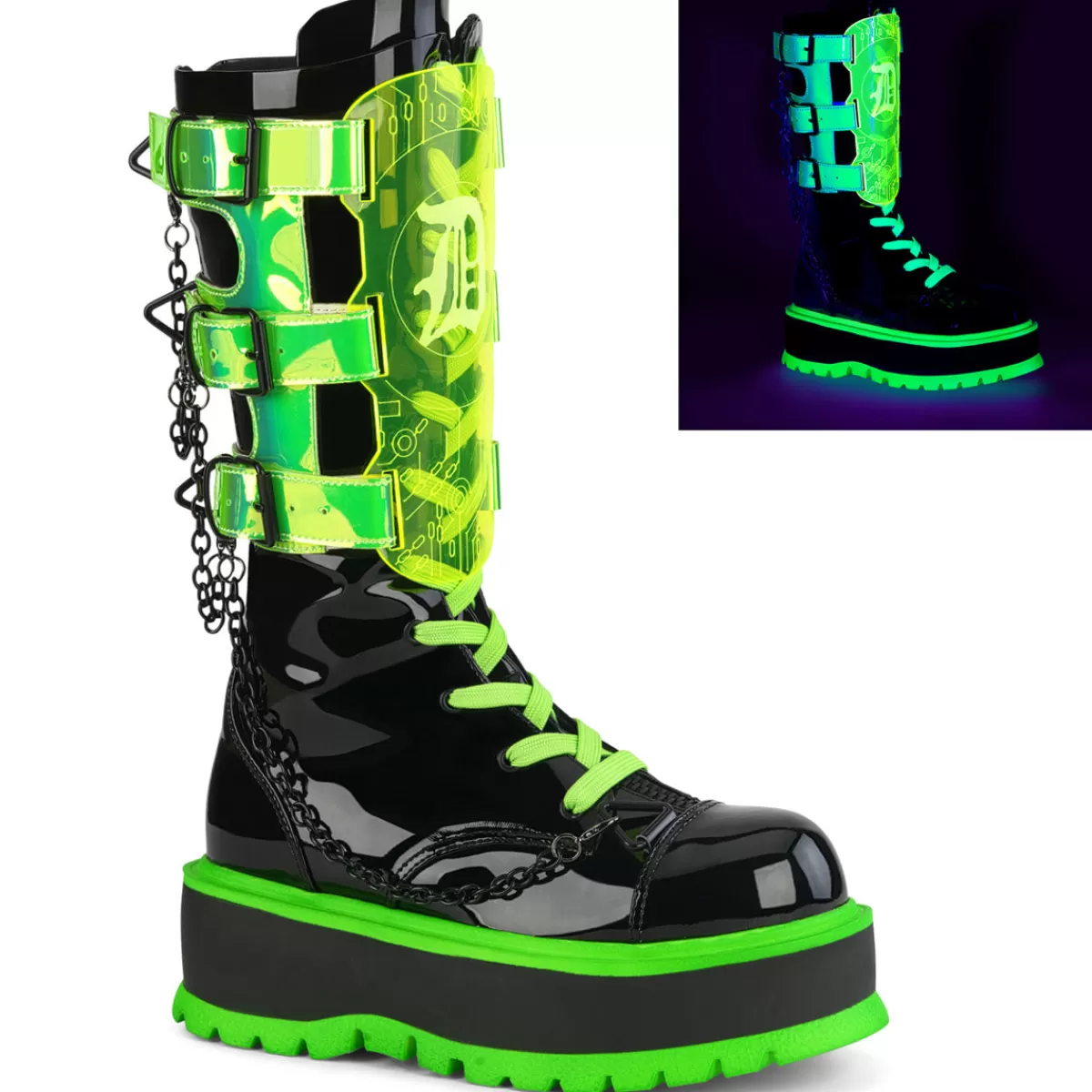 Clearance Demonia Cult Slacker-156 Black Patent-Uv Neon Green