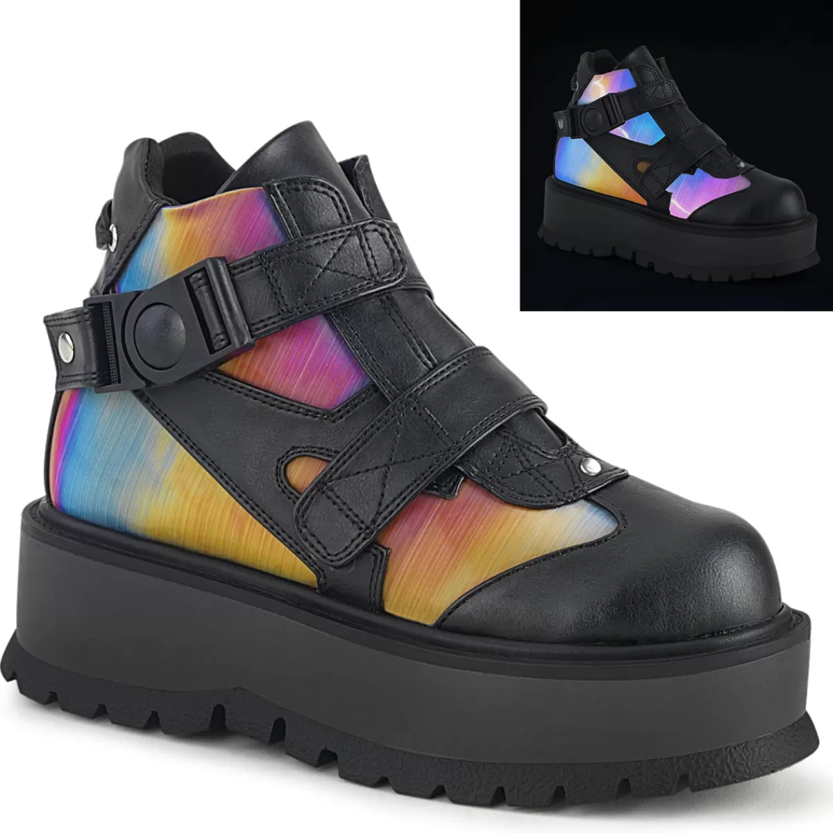 Best Demonia Cult Slacker-32 Black Vegan Leather-Rainbow Reflective