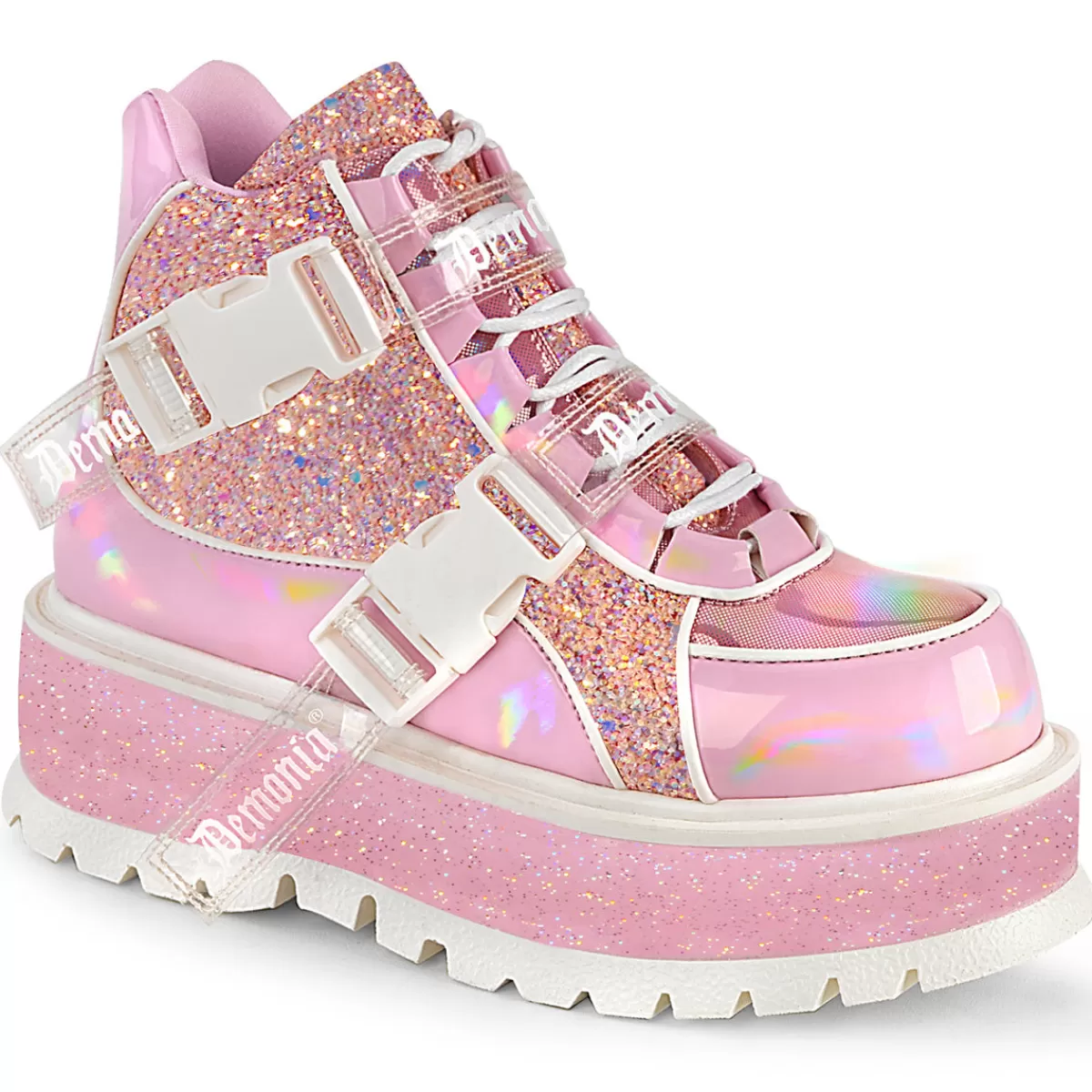 Fashion Demonia Cult Slacker-50 Baby Pink Holographic Patent-Pink Multi Glitter