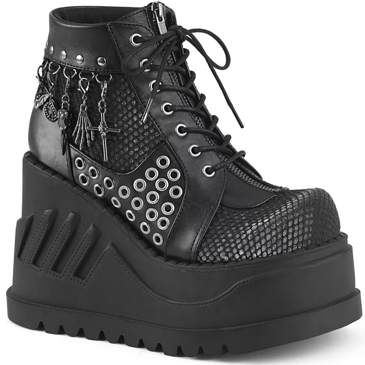 Fashion Demonia Cult Stomp-18 Black Vegan Leather-Gray Velvet